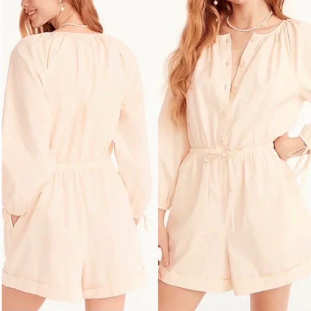 NWT JCREW Cotton POPLIN tie-sleeve button-front romper